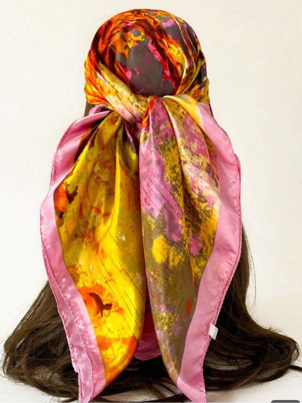 Silk-Feel Pink & Yellow Floral Square Scarf - Women Accessories - Picture 2 of 5